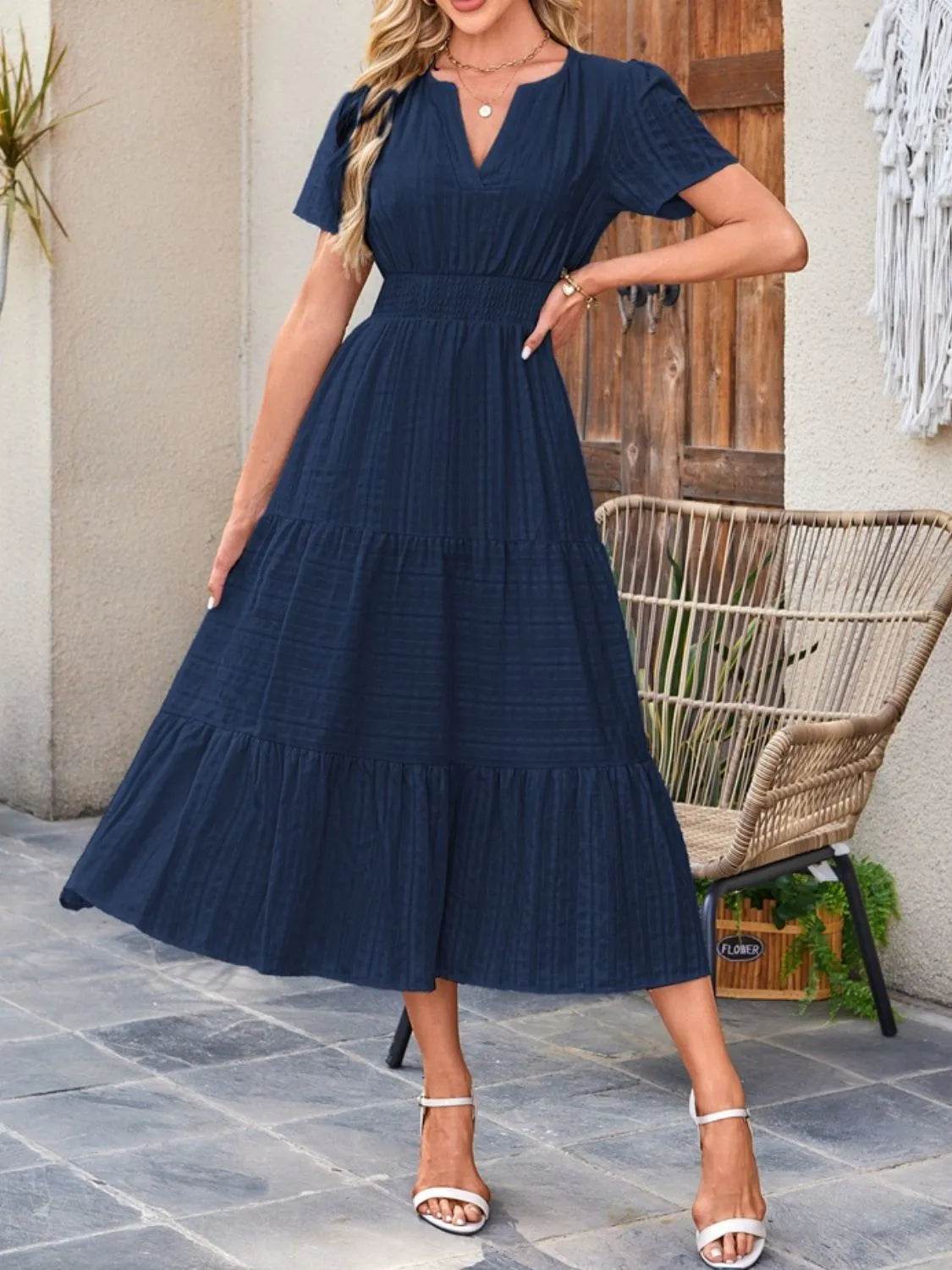 Tiered Notched Short Sleeve Dress - Bona Fide Fashion