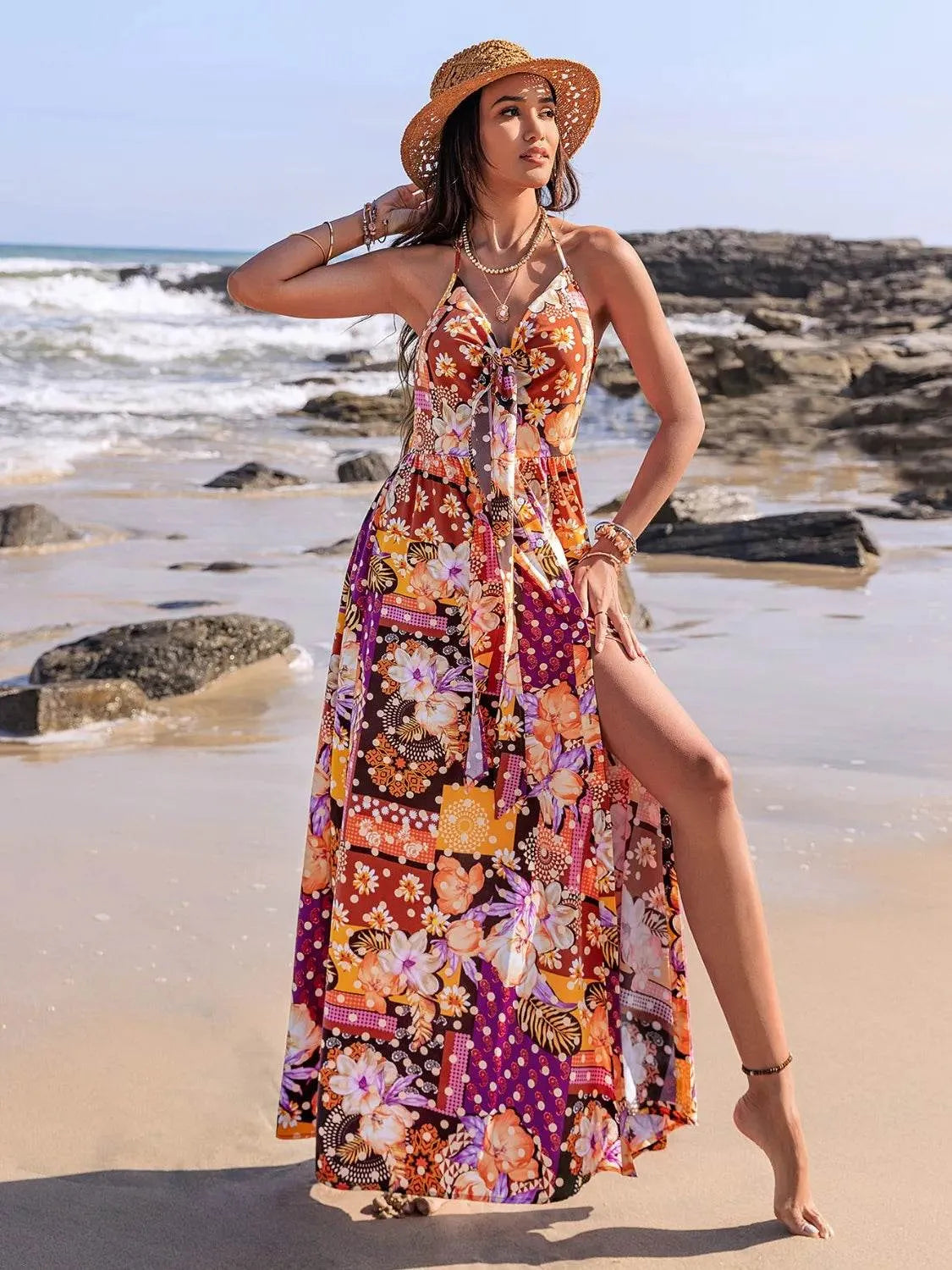 Slit Printed Halter Neck Cami Dress - Bona Fide Fashion