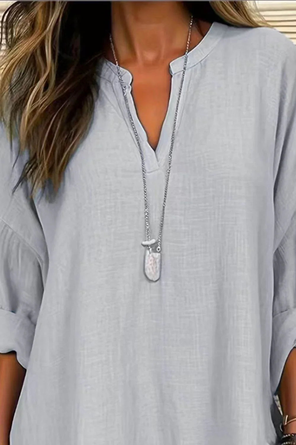Solid Color Notched Long Sleeve Blouse - Bona Fide Fashion