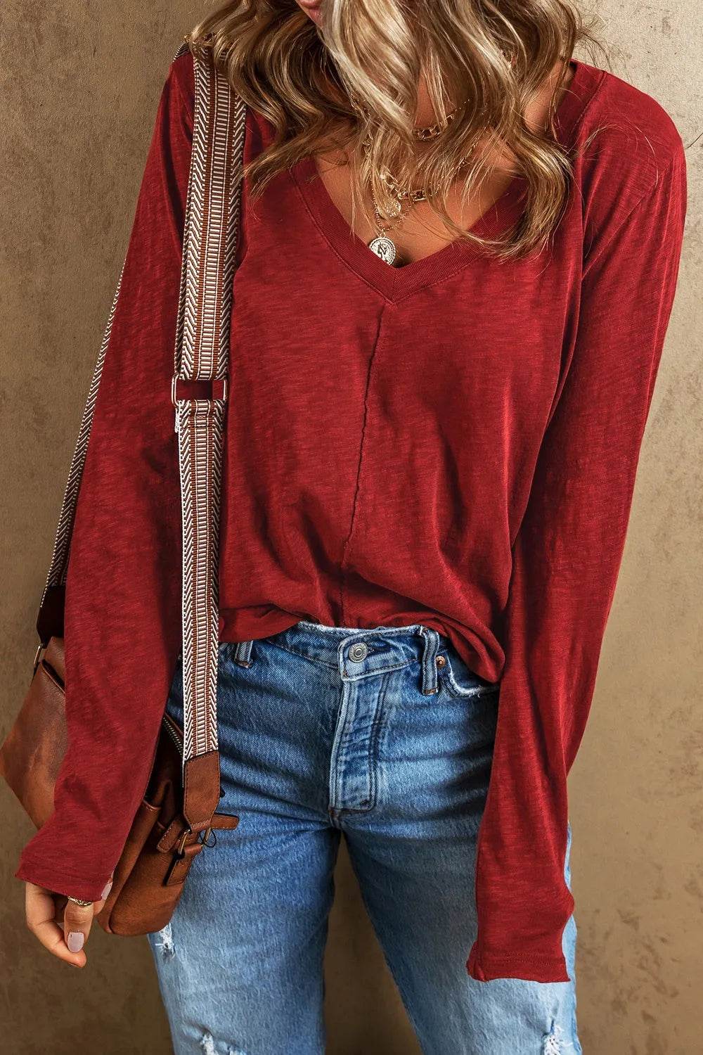 Exposed Seam V-Neck Long Sleeve T-Shirt - Bona Fide Fashion