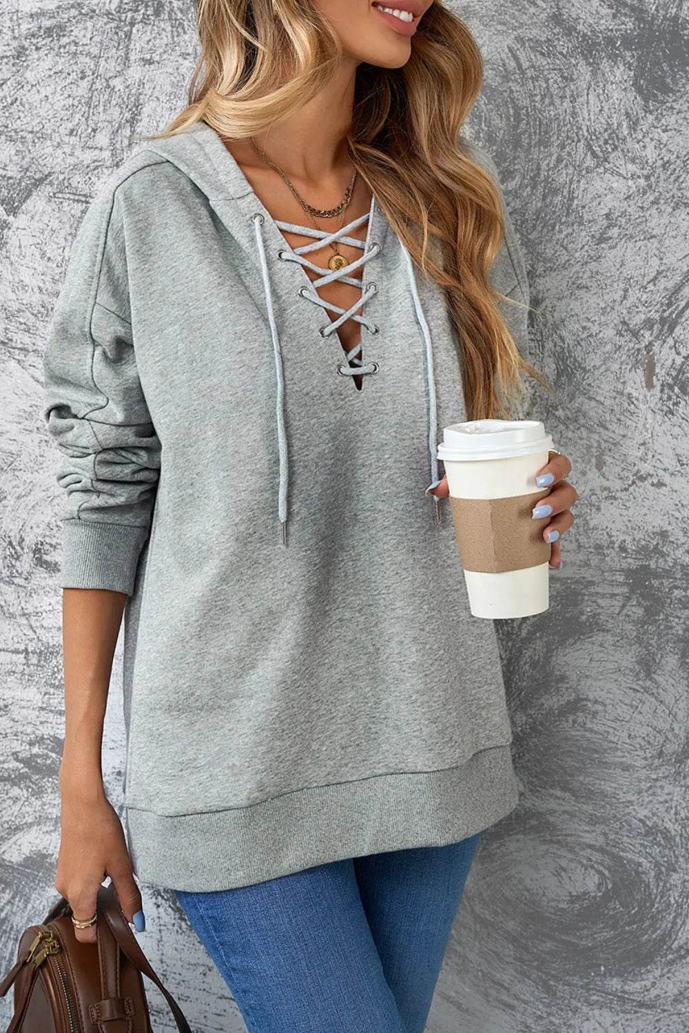 Lace Up Long Sleeve Hoodie - Bona Fide Fashion