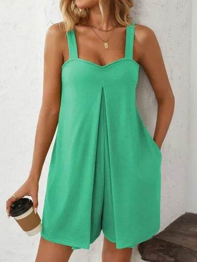 Mandy Sweetheart Neck Wide Strap Romper with Pockets - Bona Fide Fashion