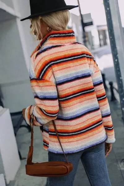Striped Quarter Zip Dropped Shoulder Sweatshirt - Bona Fide Fashion