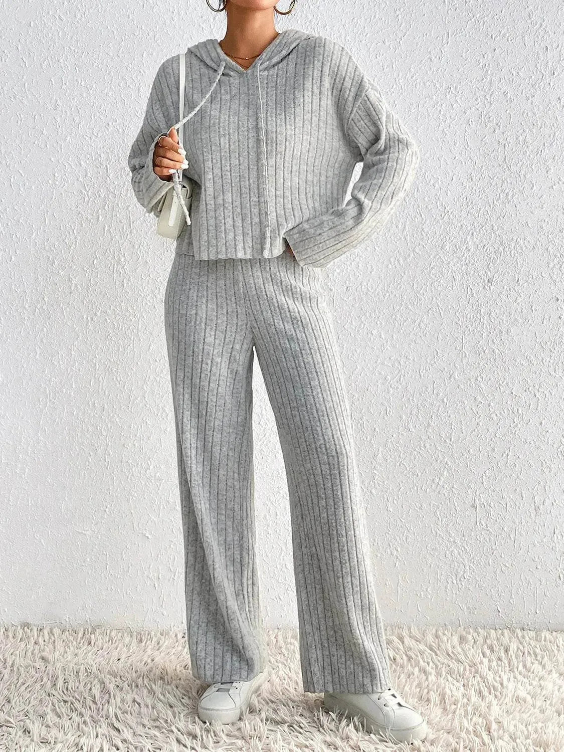 Honey Drawstring Ribbed Hoodie and Straight Leg Pants Set - Bona Fide Fashion