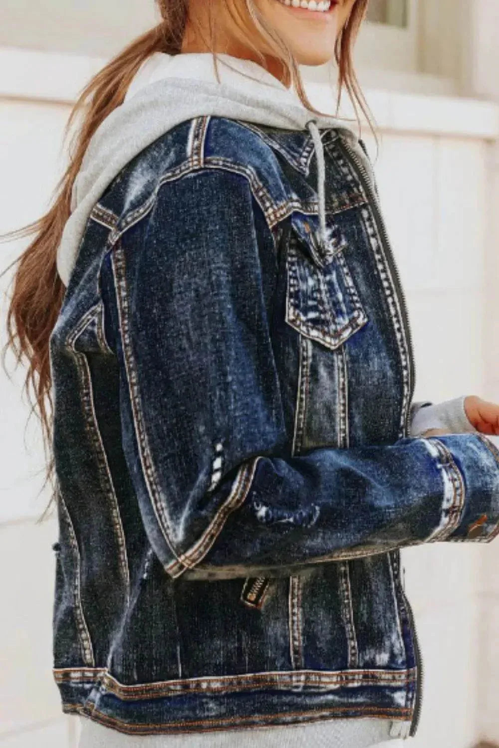 Fake Two-Piece Hooded Zip-Up Denim Jacket - Bona Fide Fashion