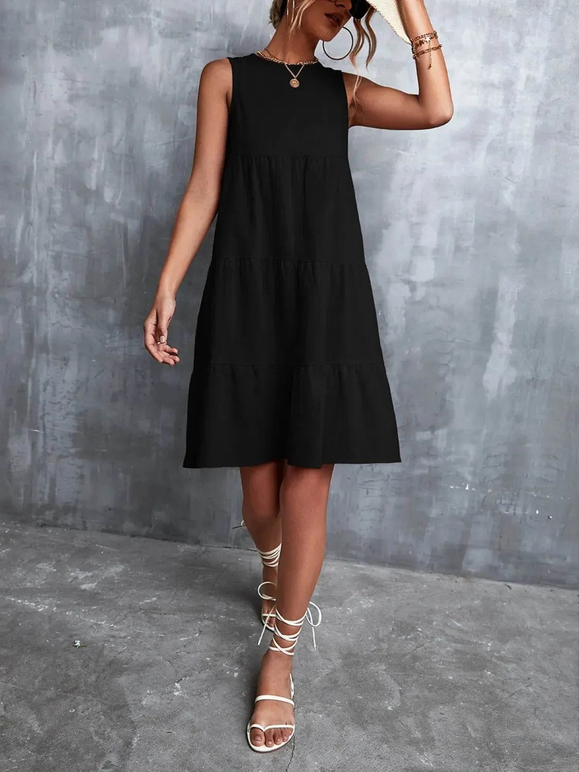 Tiered Round Neck Sleeveless Mini Tank Dress - Bona Fide Fashion