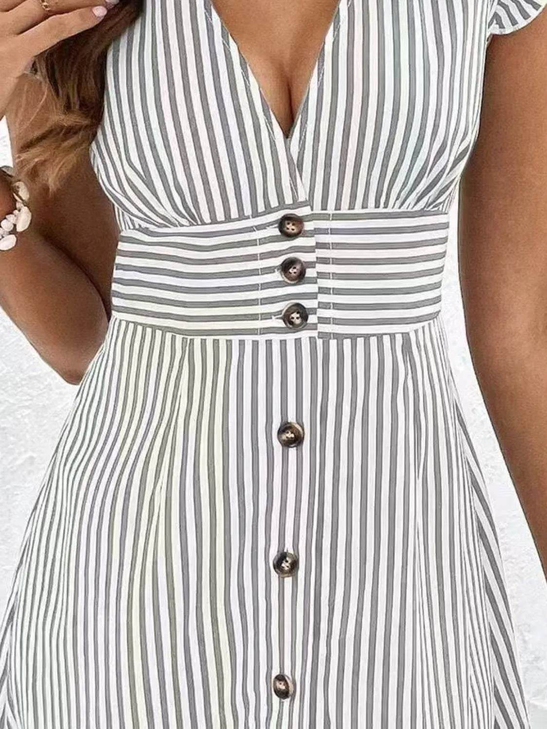 Striped Button Front Cap Sleeve Dress - Bona Fide Fashion
