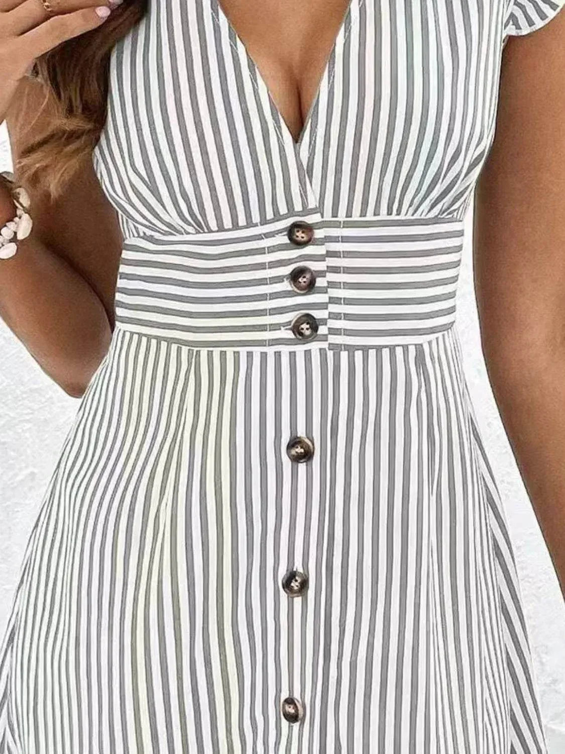Striped Button Front Cap Sleeve Dress - Bona Fide Fashion