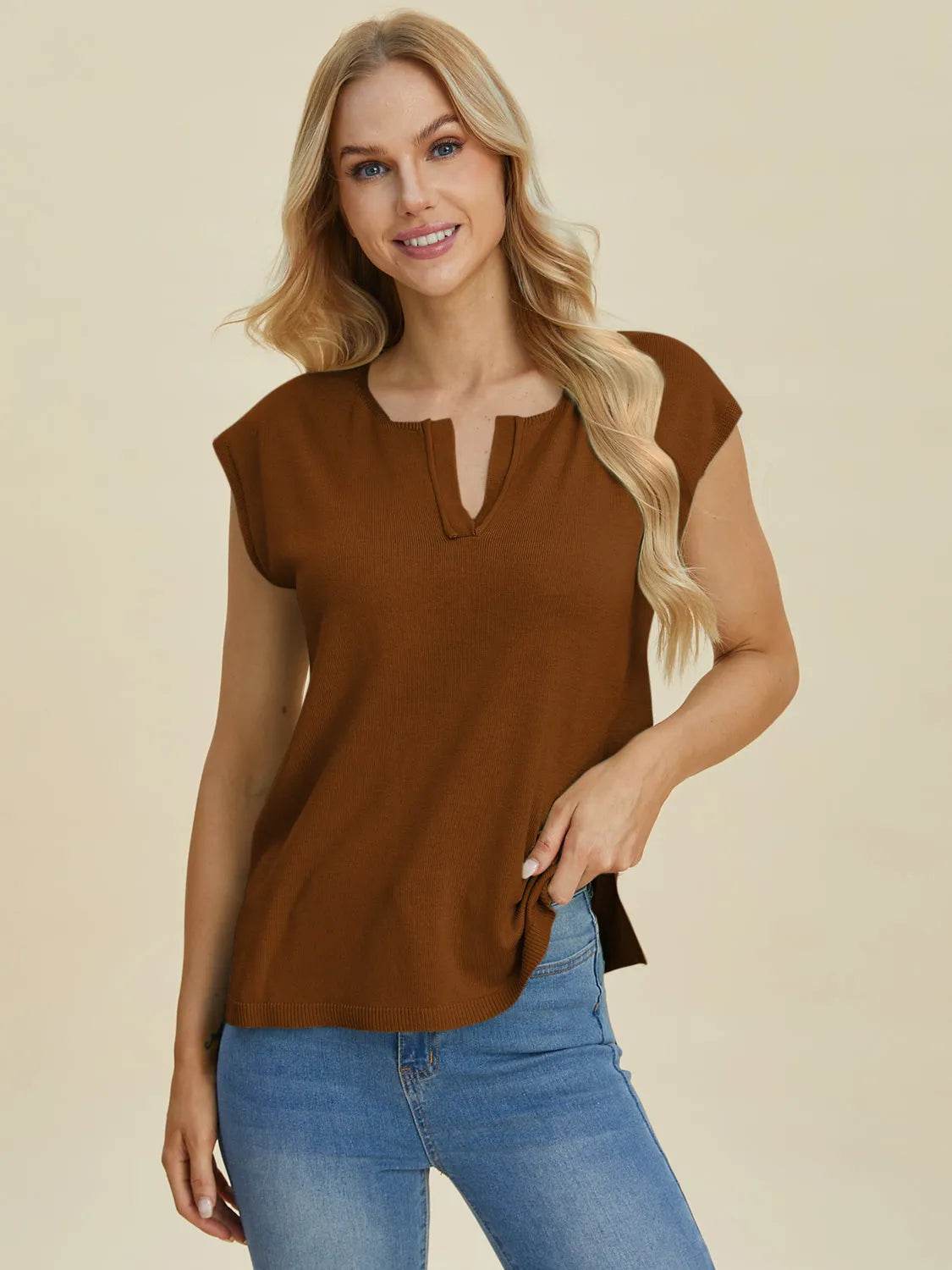 Double Take Full Size Notched Cap Sleeve Knit Top - Bona Fide Fashion