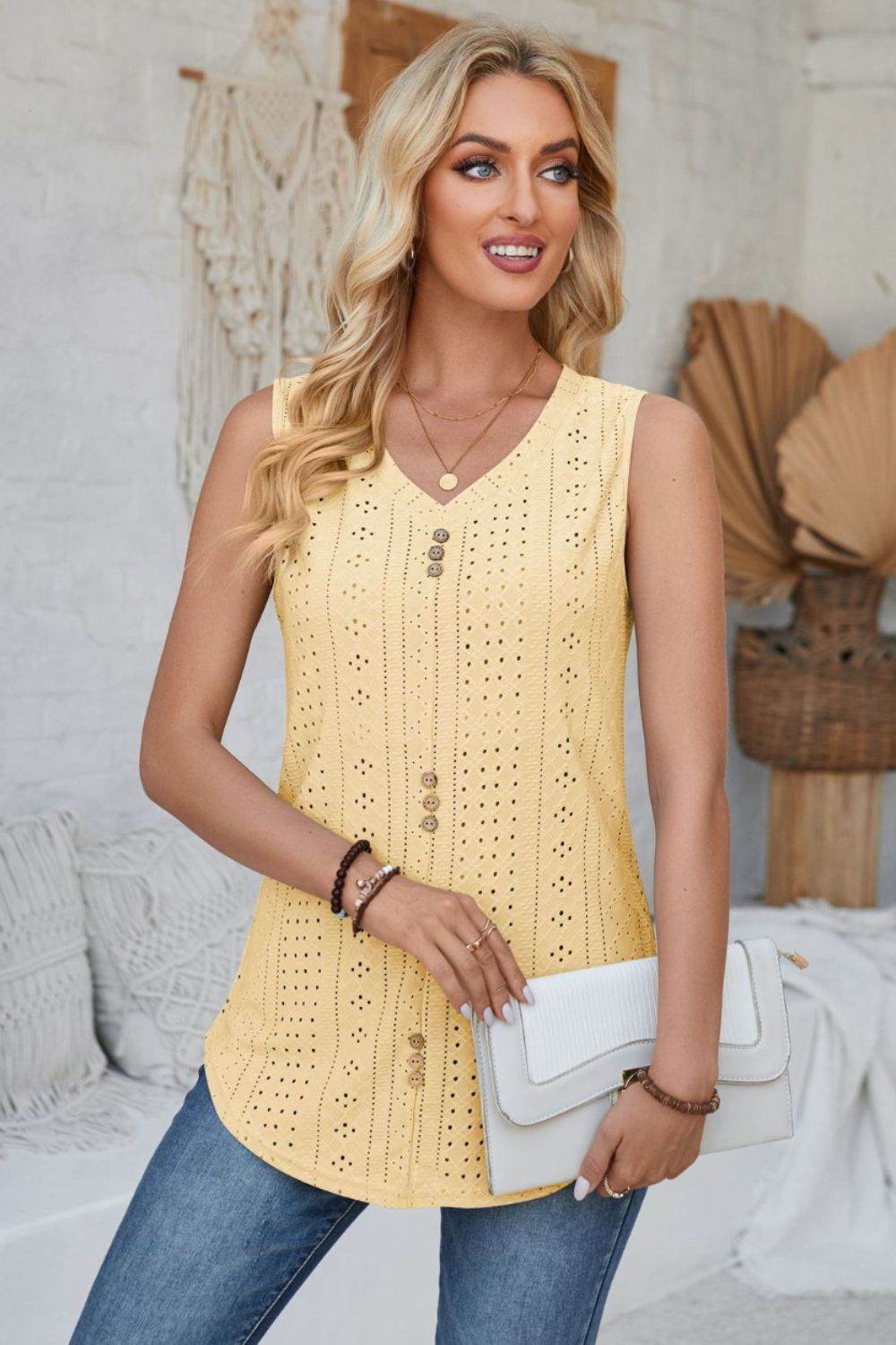 Eyelet Decorative Button V-Neck Tank - Bona Fide Fashion