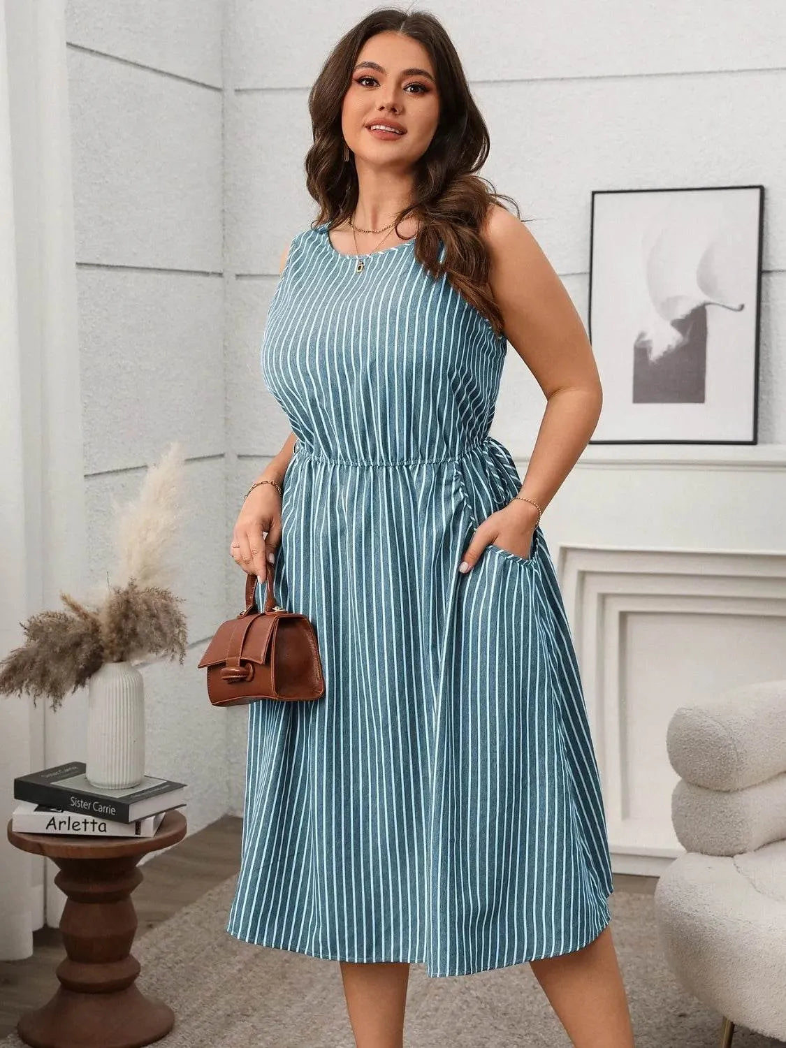 Plus Size Striped Round Neck Sleeveless Dress - Bona Fide Fashion