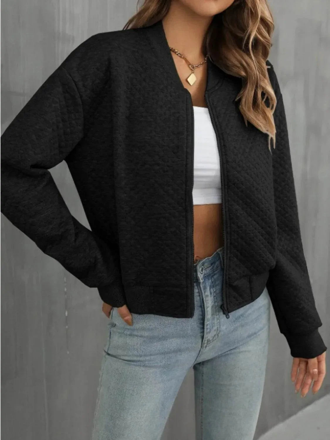 Zip Up Long Sleeve Jacket - Bona Fide Fashion