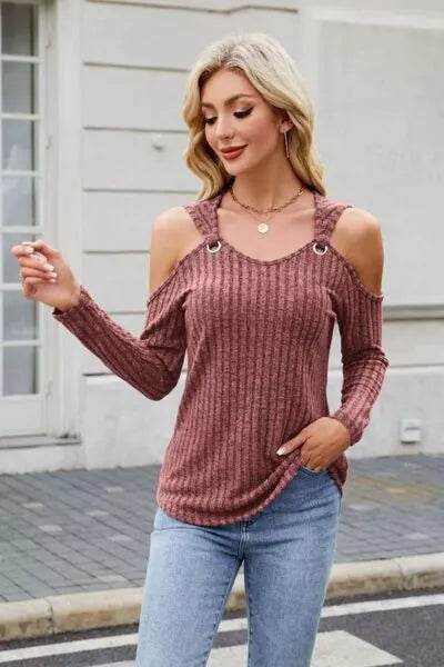 Ribbed Cold Shoulder Long Sleeve Top - Bona Fide Fashion