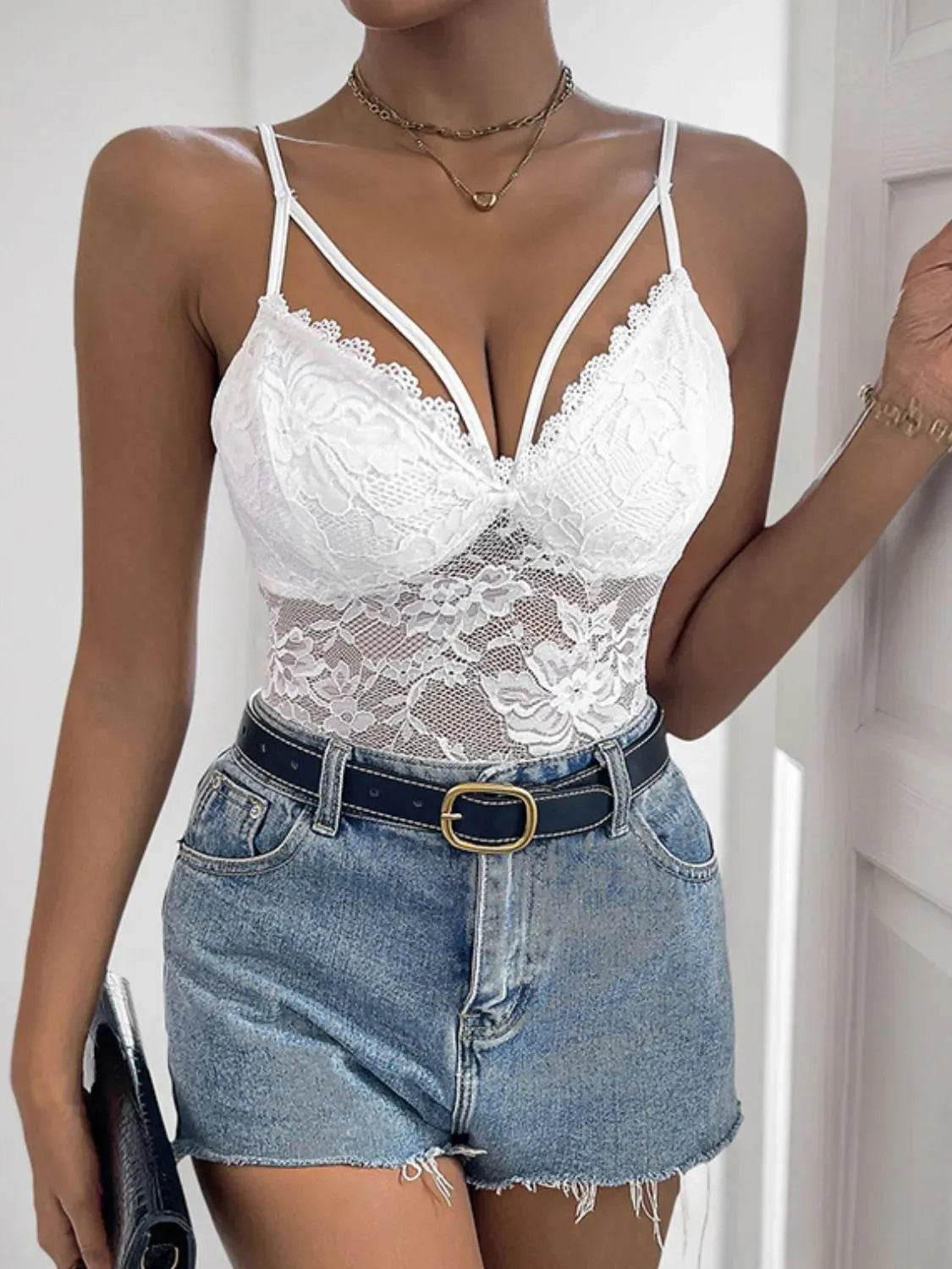 Perfee Spaghetti Strap Lace Bodysuit - Bona Fide Fashion