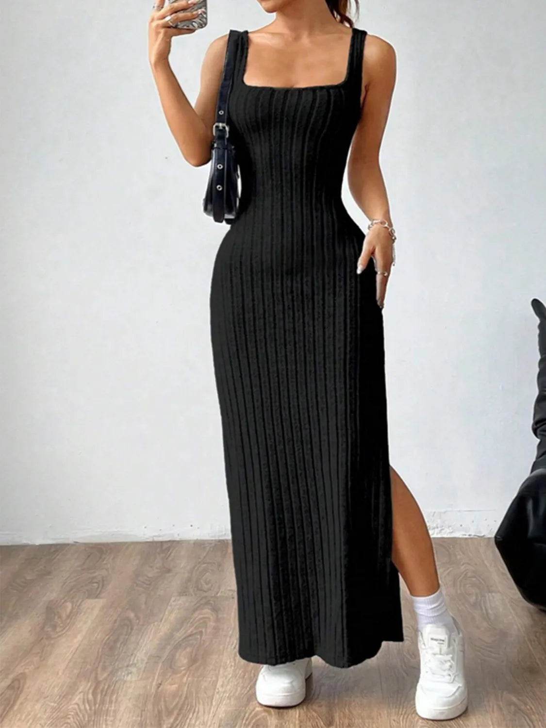 Cutout Square Neck Wide Strap Knit Dress - Bona Fide Fashion