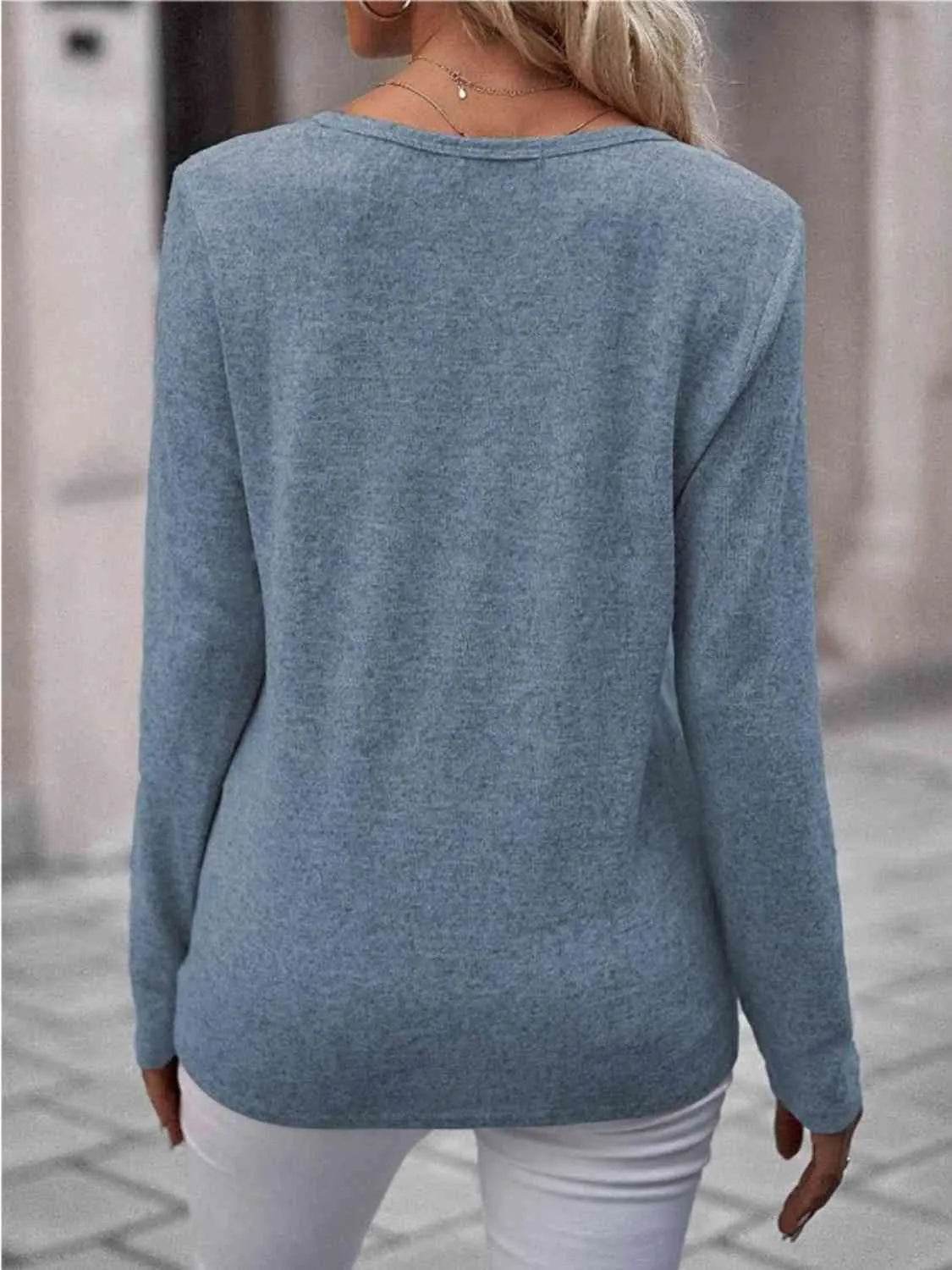 Round Neck Buttoned Long Sleeve T-Shirt - Bona Fide Fashion