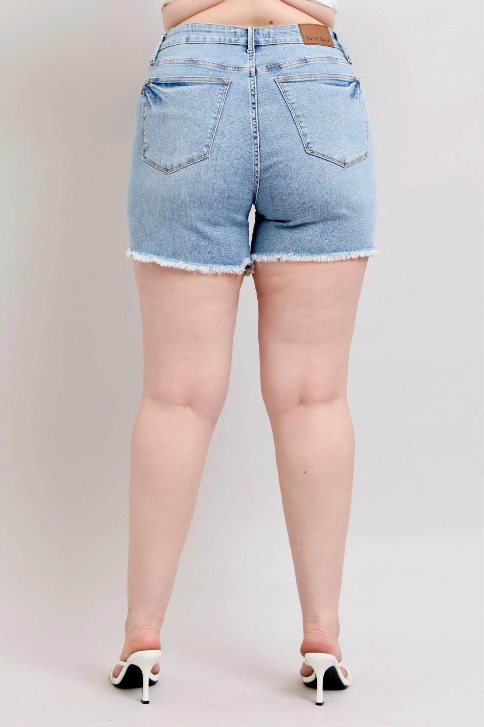 Judy Blue Full Size Tummy Control Raw Hem Denim Shorts Plus Size - Bona Fide Fashion