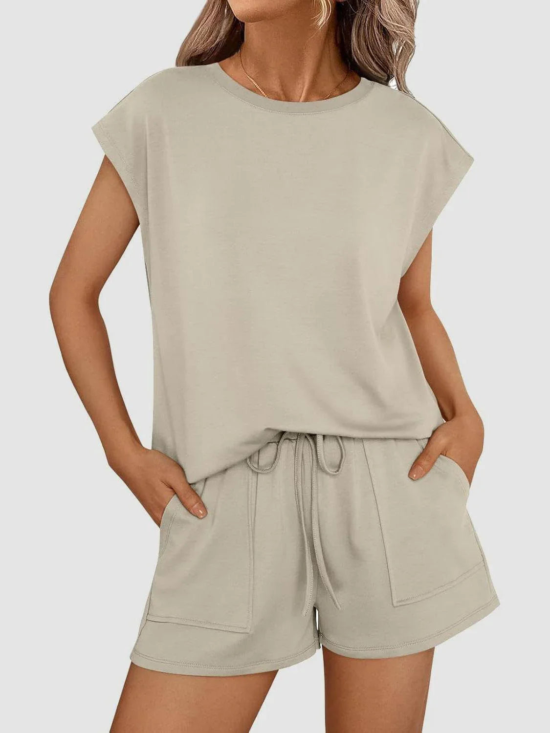 Round Neck Cap Sleeve Top and Shorts Set - Bona Fide Fashion
