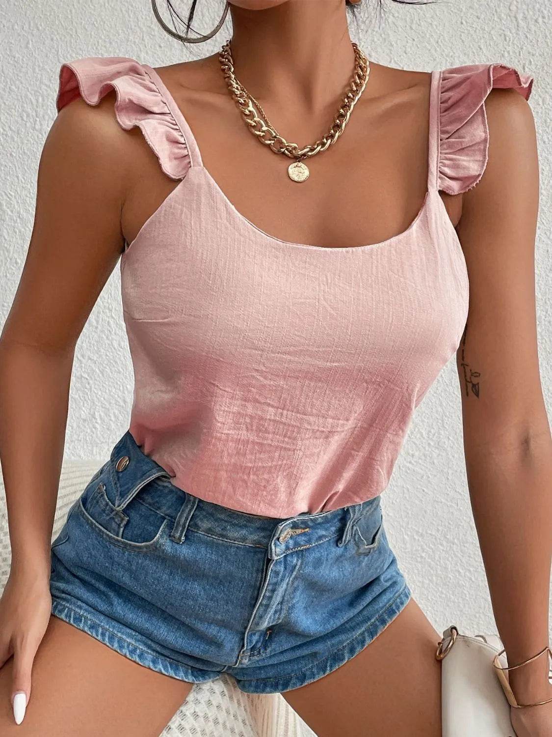 Backless Ruffled Scoop Neck Tank - Bona Fide Fashion