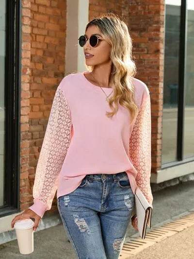 Full Size Round Neck Lace Long Sleeve T-Shirt Plus Size - Bona Fide Fashion