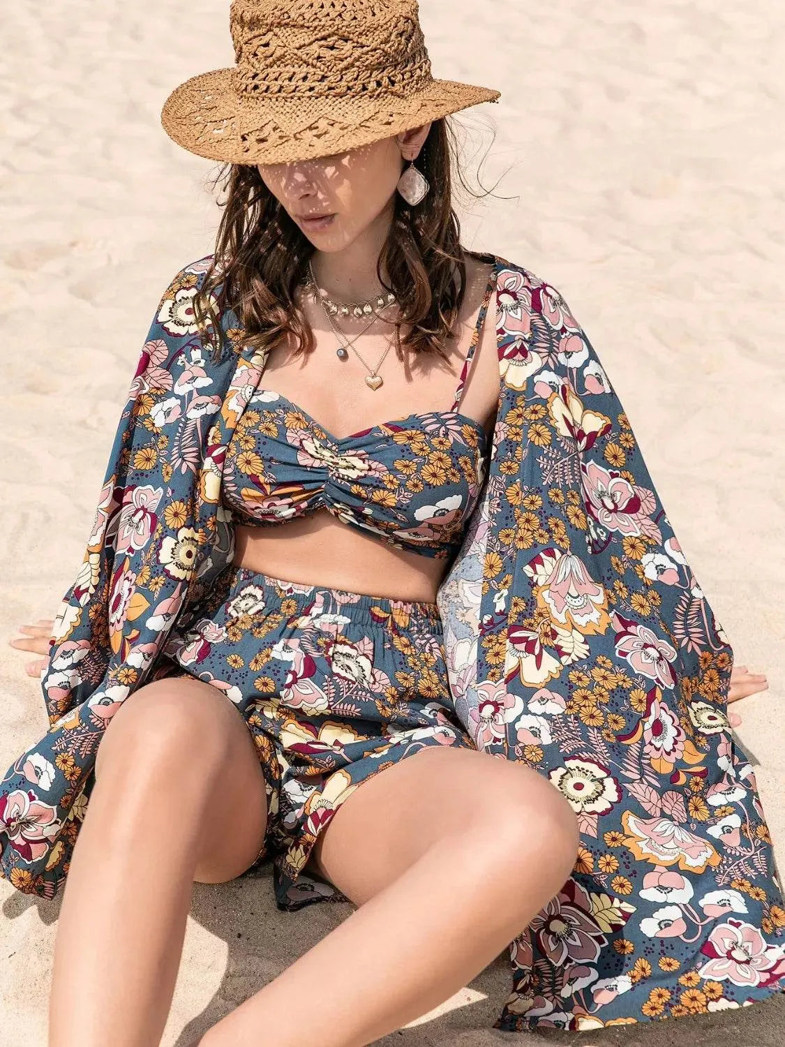 Printed Bra, Cover-Up, and Shorts Set – 3-Piece Beachwear Outfit for Women - Bona Fide Fashion