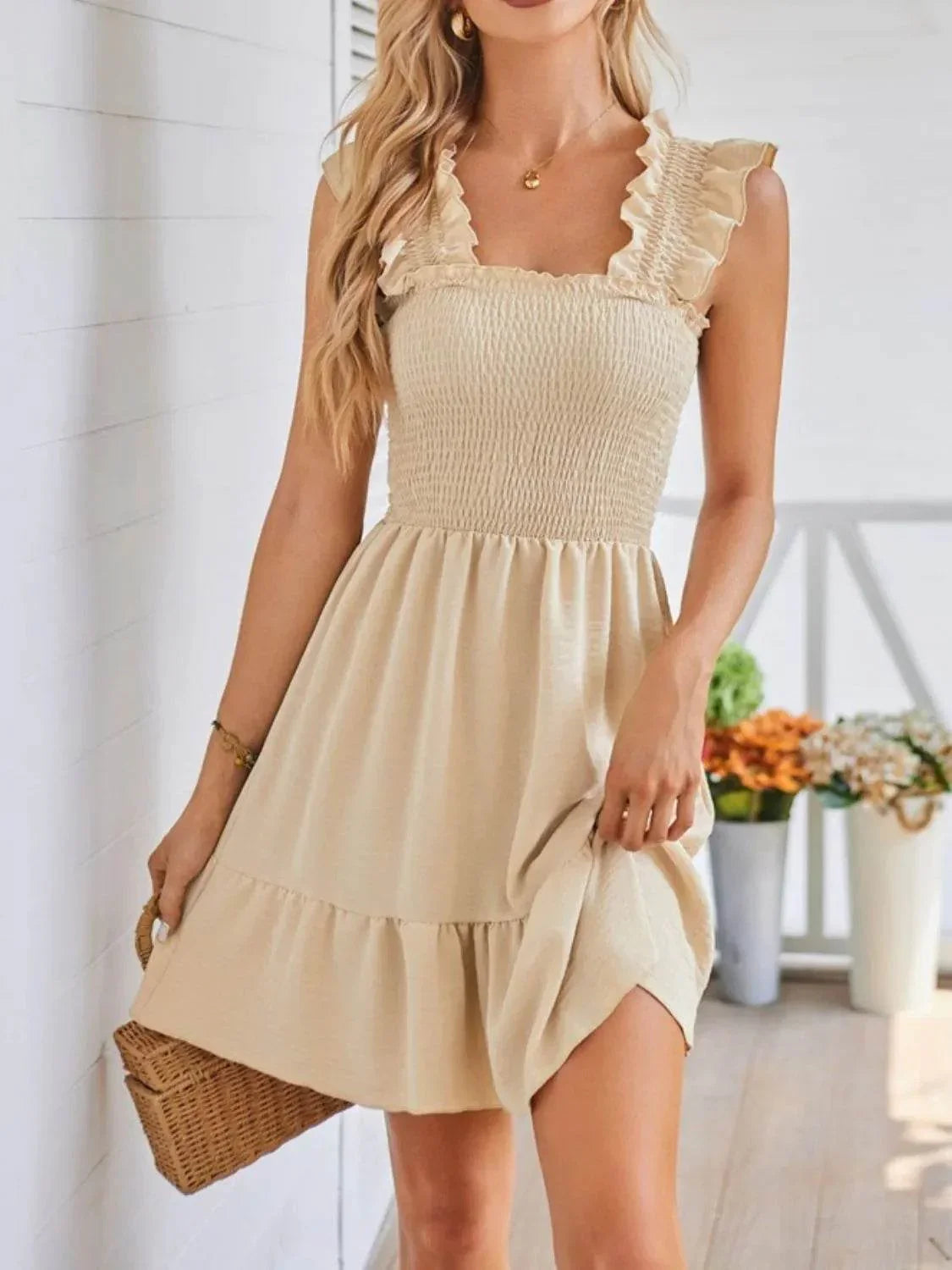 Smocked Square Neck Wide Strap Dress - Bona Fide Fashion