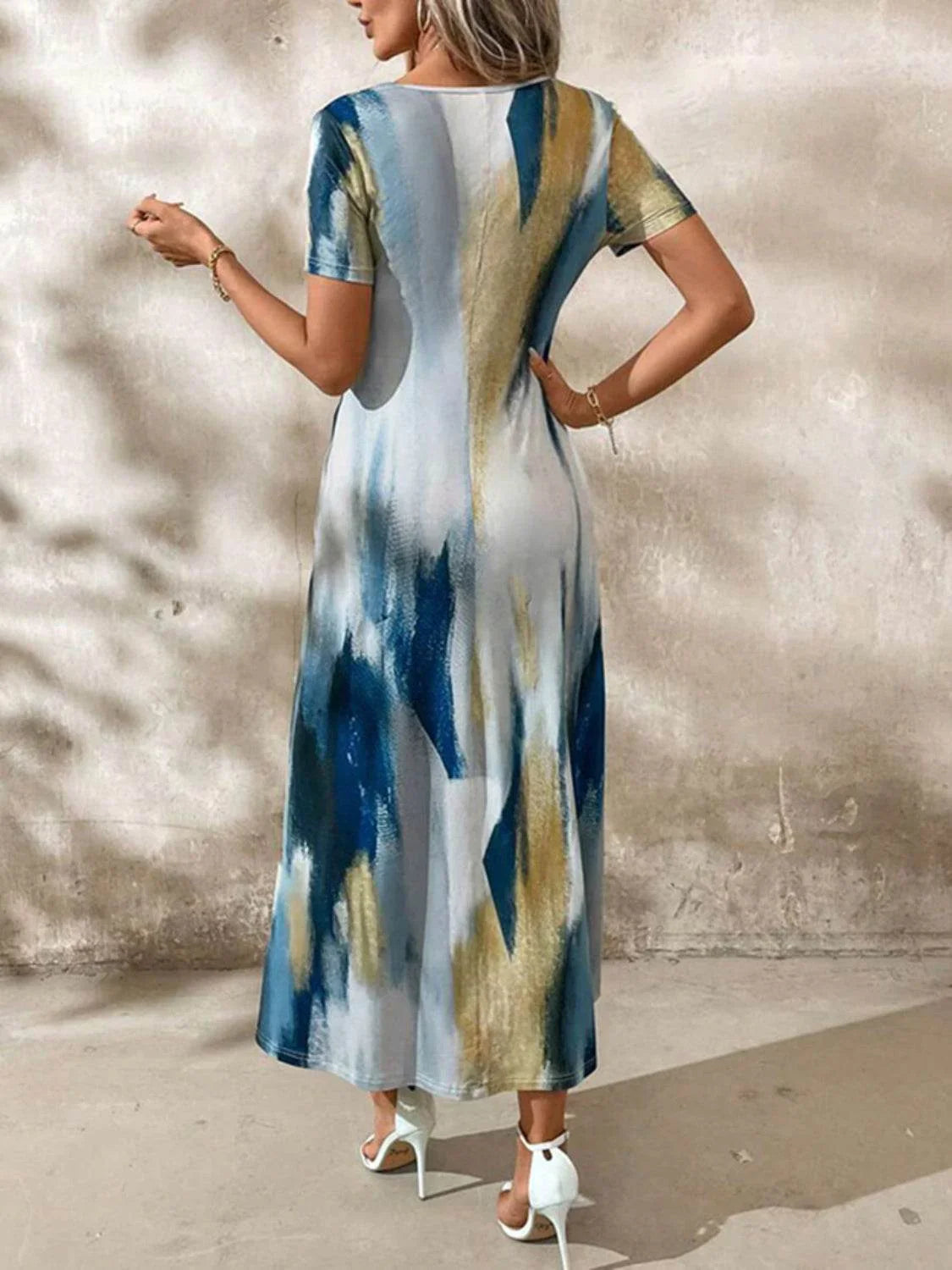 Tie-Dye V-Neck Short Sleeve Midi Tee Dress - Bona Fide Fashion
