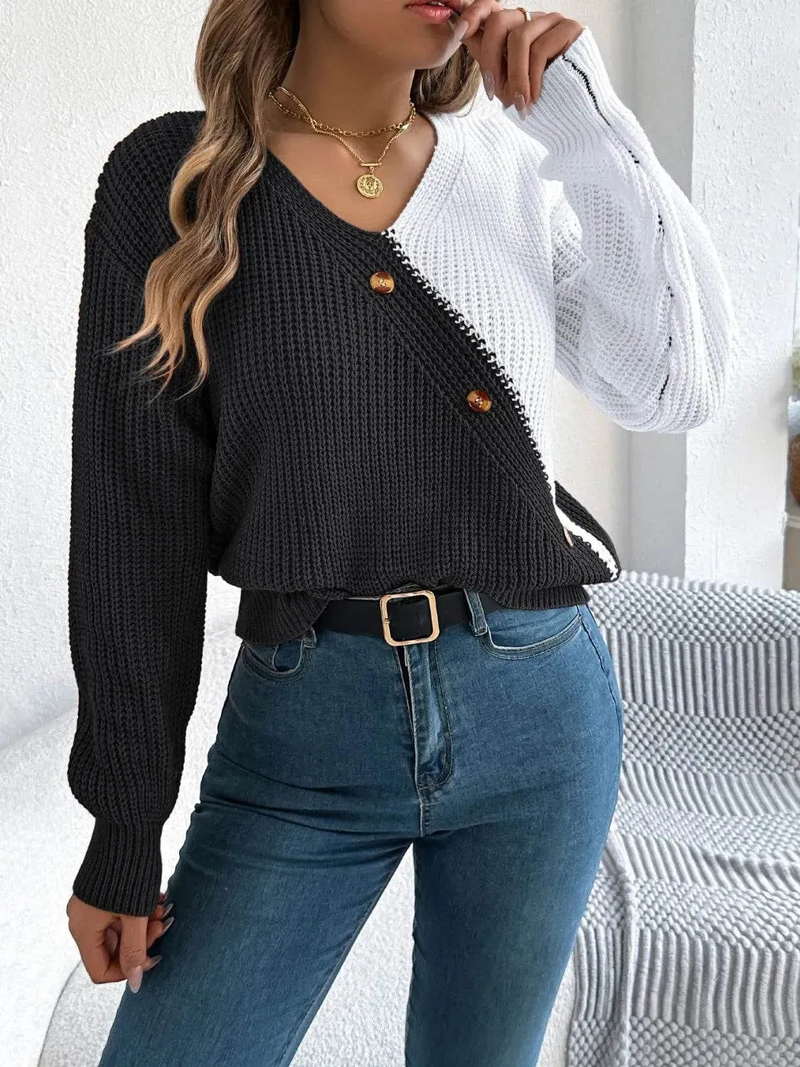 Two-Tone V-Neck Long Sleeve Sweater - Bona Fide Fashion