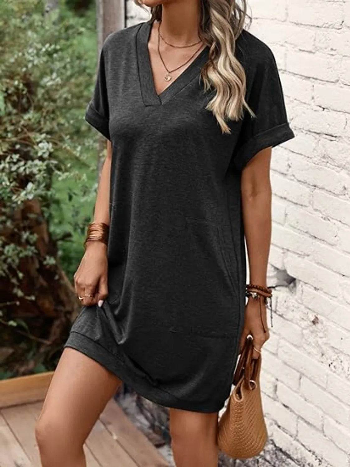 V-Neck Short Sleeve Mini Tee Dress - Bona Fide Fashion