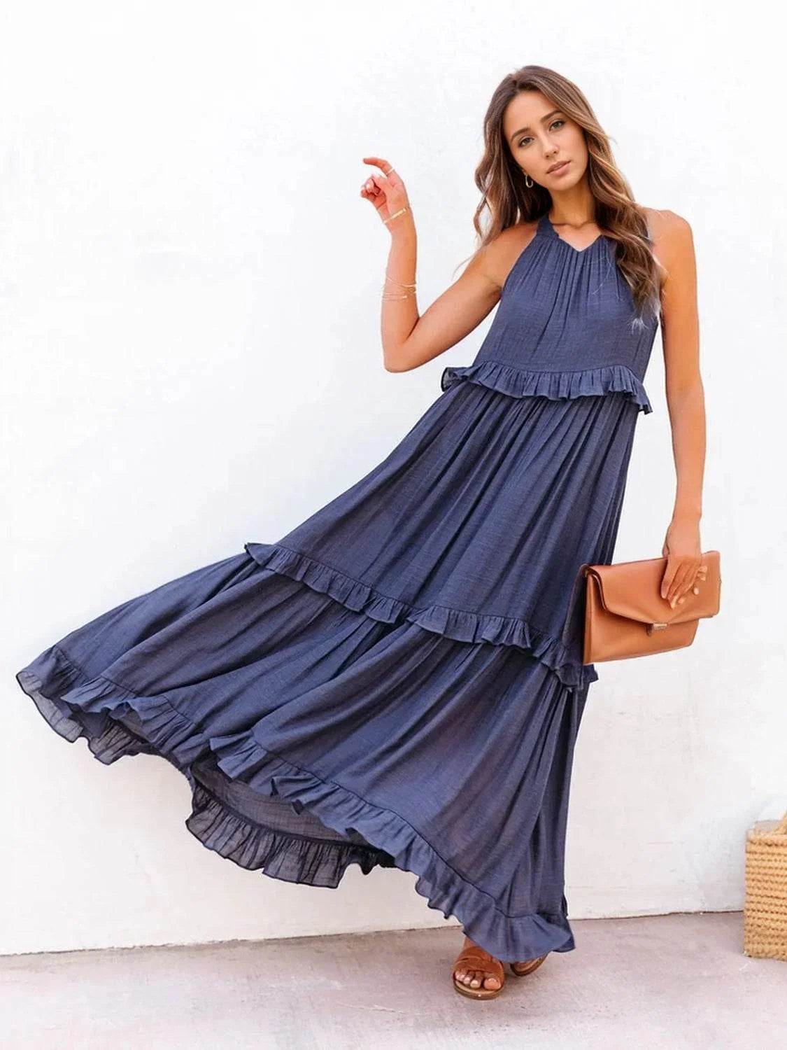 Ruffled Sleeveless Tiered Maxi Dress with Pockets - Bona Fide Fashion
