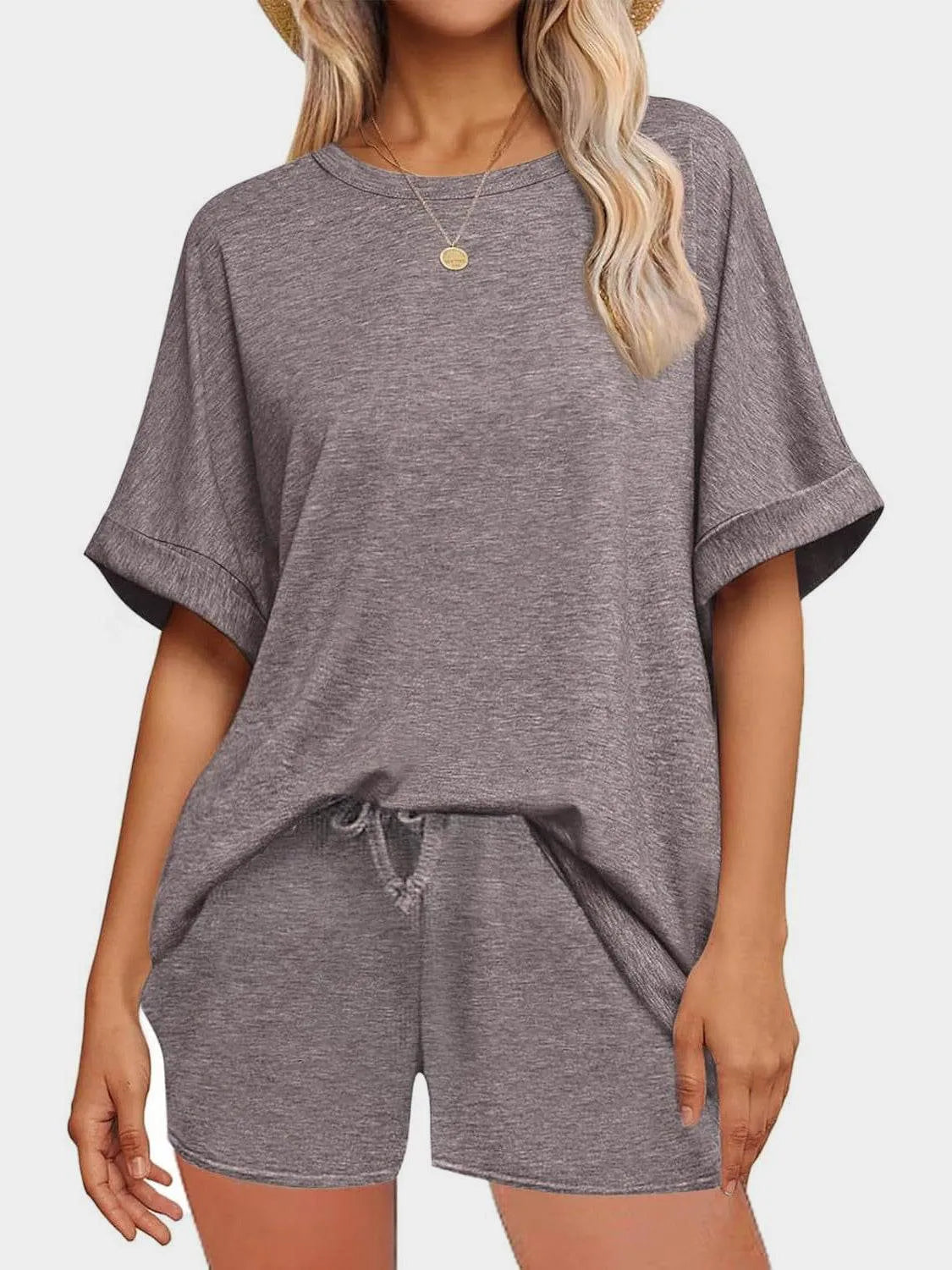 Round Neck T-Shirt and Drawstring Shorts Set - Bona Fide Fashion