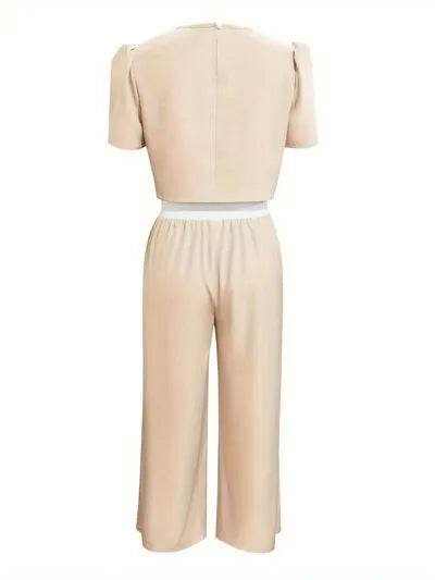 Round Neck Short Sleeve Top and Tied Pants Set - Bona Fide Fashion