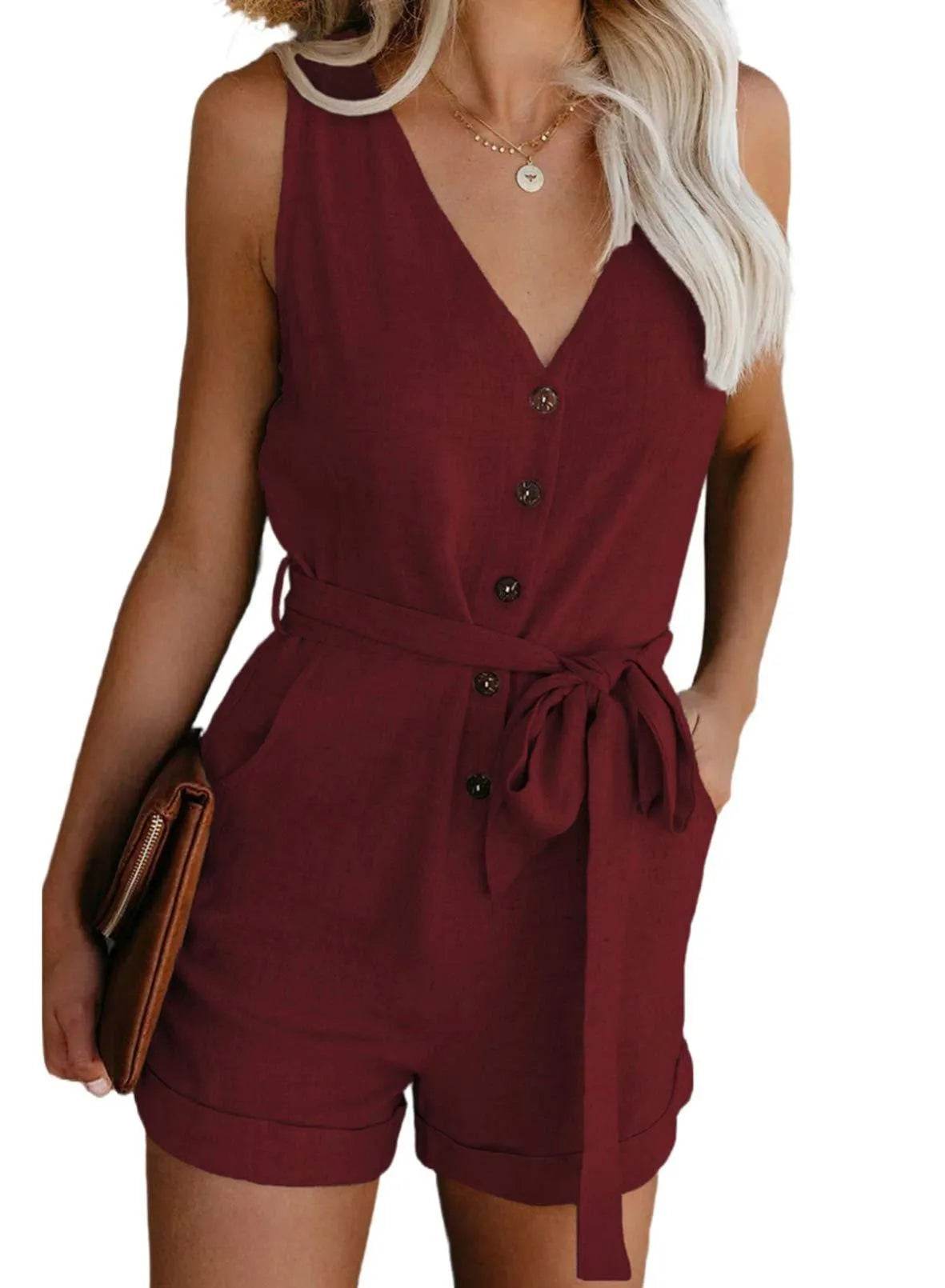 Acelitt Women Ladies Casual Fashion 2024 V Neck Sleeveless Button Down Summer Short Jumpsuits Rompers for Women with Pockets Red Medium - Bona Fide Fashion