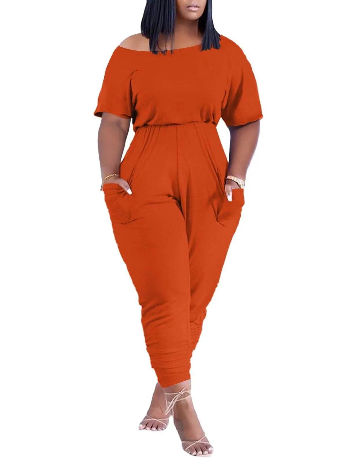 acelyn Casual One Piece Loose Jumpsuit for Women Summer Plus Size Overalls Off Shoulder Pockets Rompers Orange 2XL - Bona Fide Fashion
