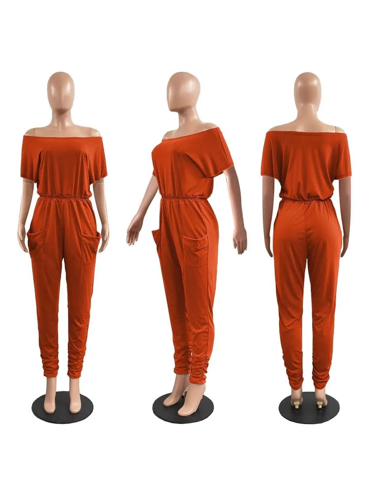 acelyn Casual One Piece Loose Jumpsuit for Women Summer Plus Size Overalls Off Shoulder Pockets Rompers Orange 2XL - Bona Fide Fashion