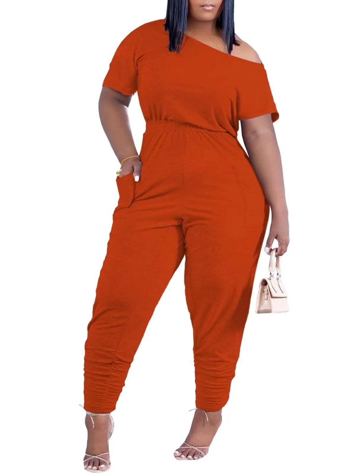 acelyn Casual One Piece Loose Jumpsuit for Women Summer Plus Size Overalls Off Shoulder Pockets Rompers Orange 2XL - Bona Fide Fashion