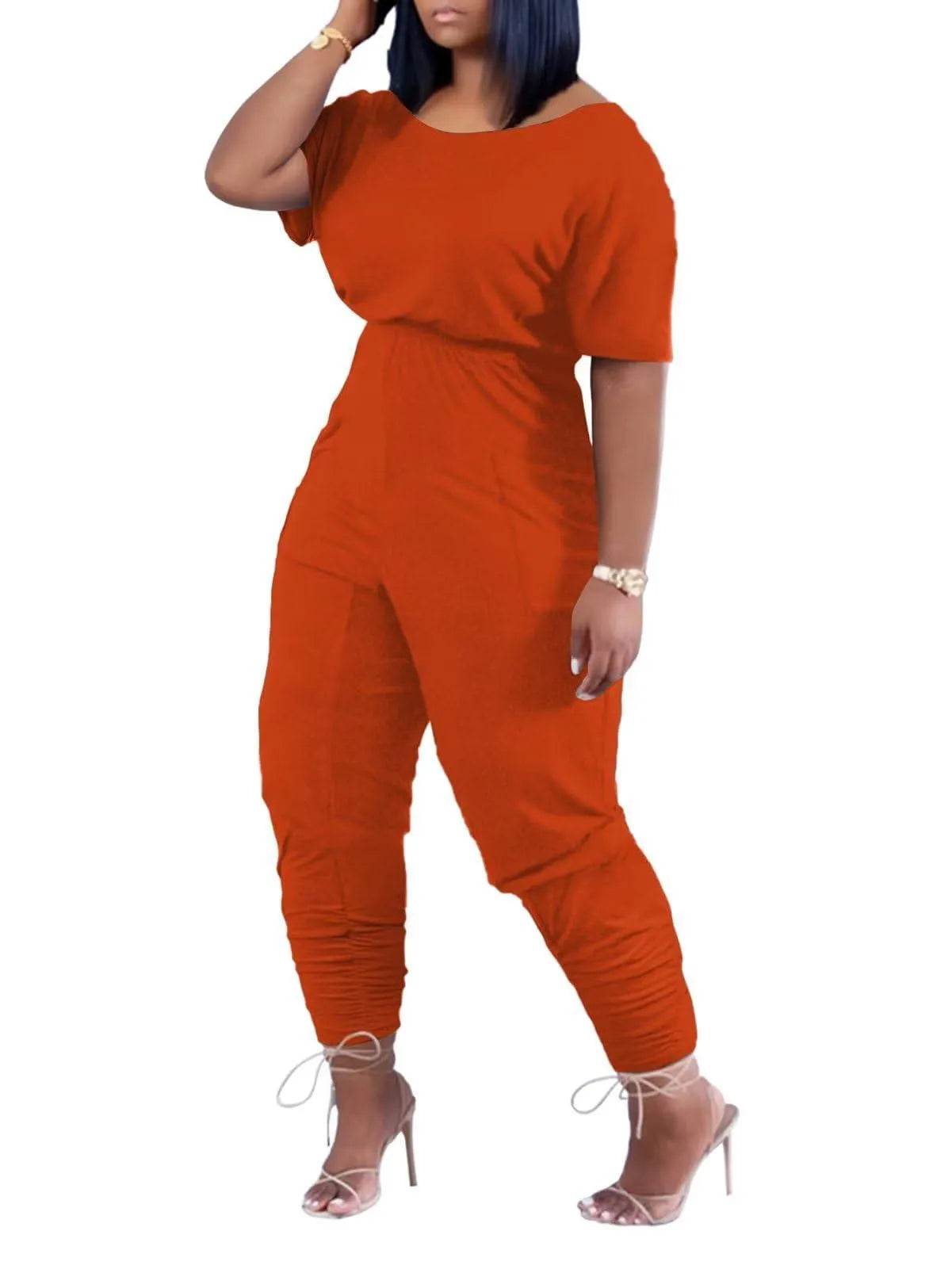acelyn Casual One Piece Loose Jumpsuit for Women Summer Plus Size Overalls Off Shoulder Pockets Rompers Orange 2XL - Bona Fide Fashion