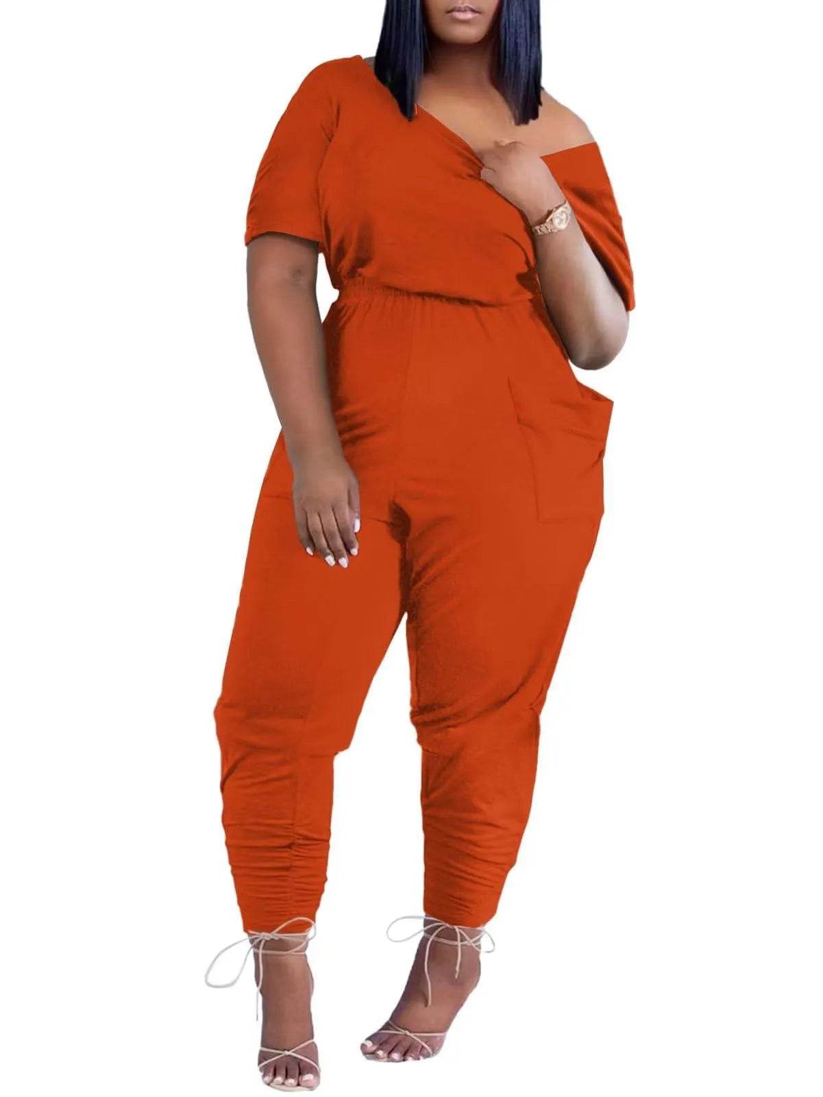 acelyn Casual One Piece Loose Jumpsuit for Women Summer Plus Size Overalls Off Shoulder Pockets Rompers Orange 2XL - Bona Fide Fashion