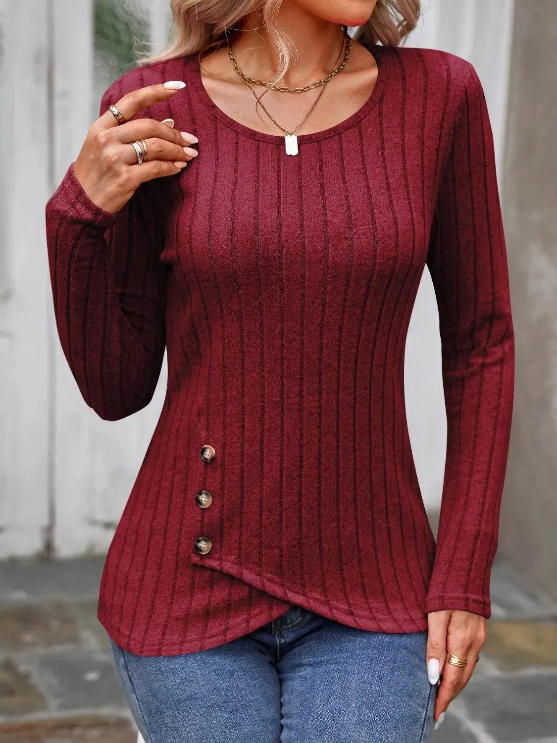 Decorative Button Round Neck Long Sleeve T-Shirt - Bona Fide Fashion