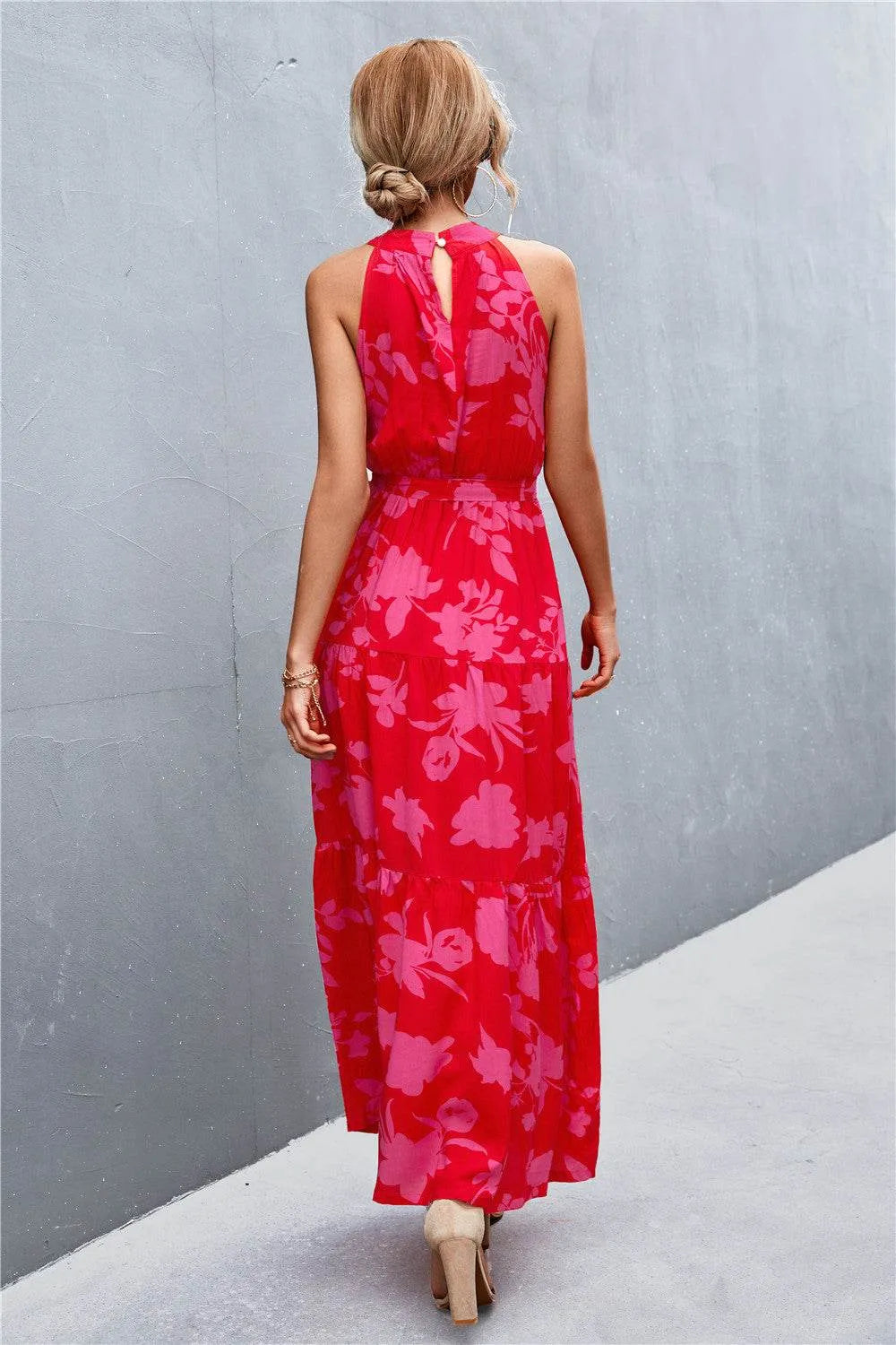 Printed Sleeveless Tie Waist Maxi Dress - Bona Fide Fashion