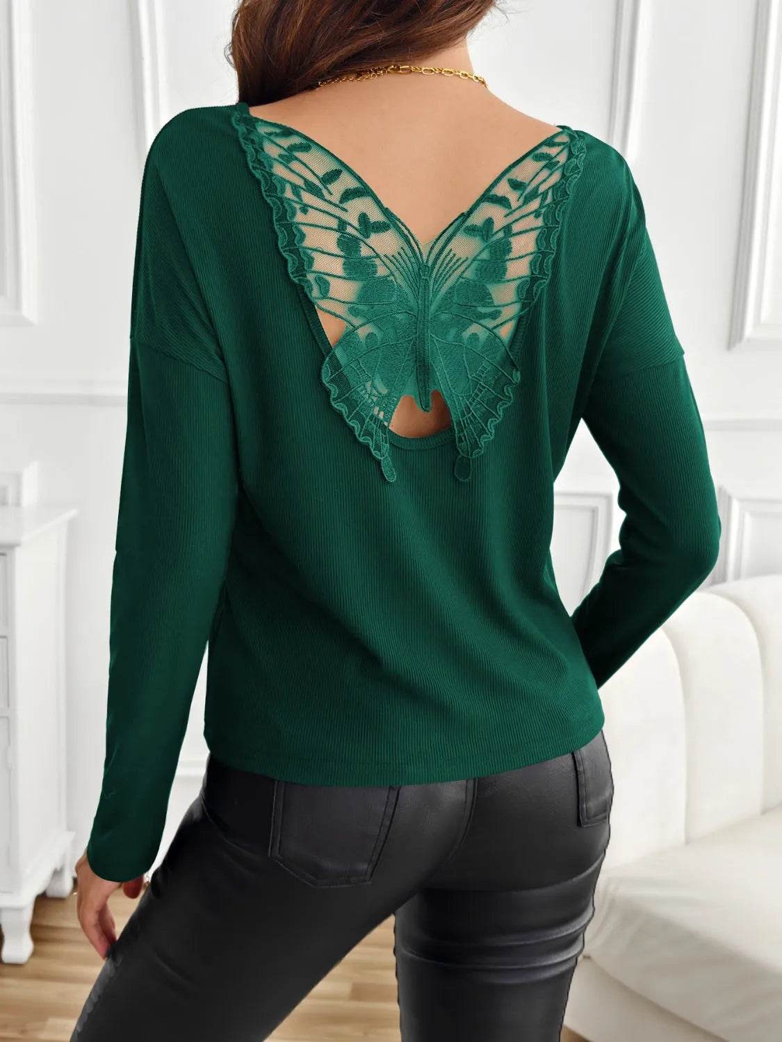 Lace Detail Butterfly Back Round Neck Long Sleeve T-Shirt - Bona Fide Fashion