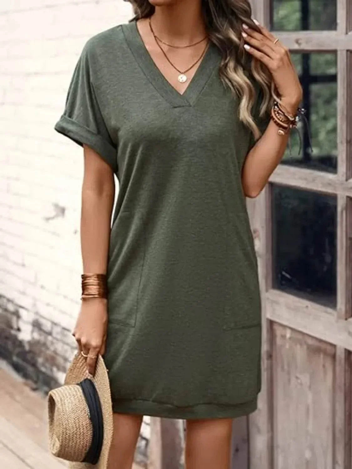 V-Neck Short Sleeve Mini Tee Dress - Bona Fide Fashion