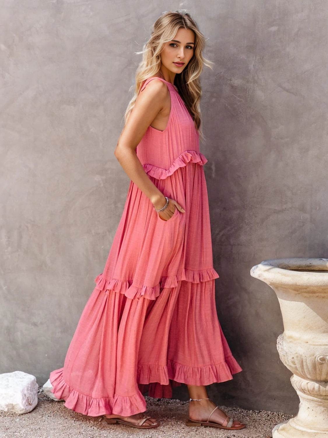 Ruffled Sleeveless Tiered Maxi Dress with Pockets - Bona Fide Fashion