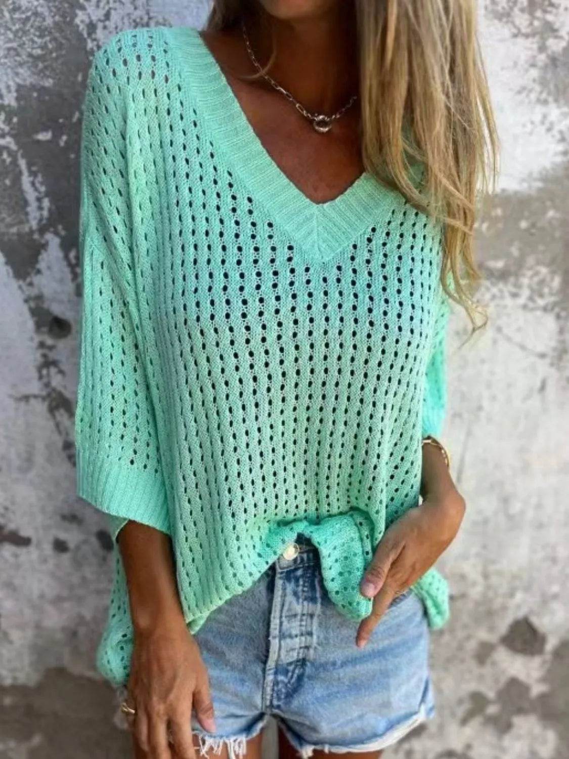 Full Size Openwork V-Neck Knit Cover Up Plus Size - Bona Fide Fashion