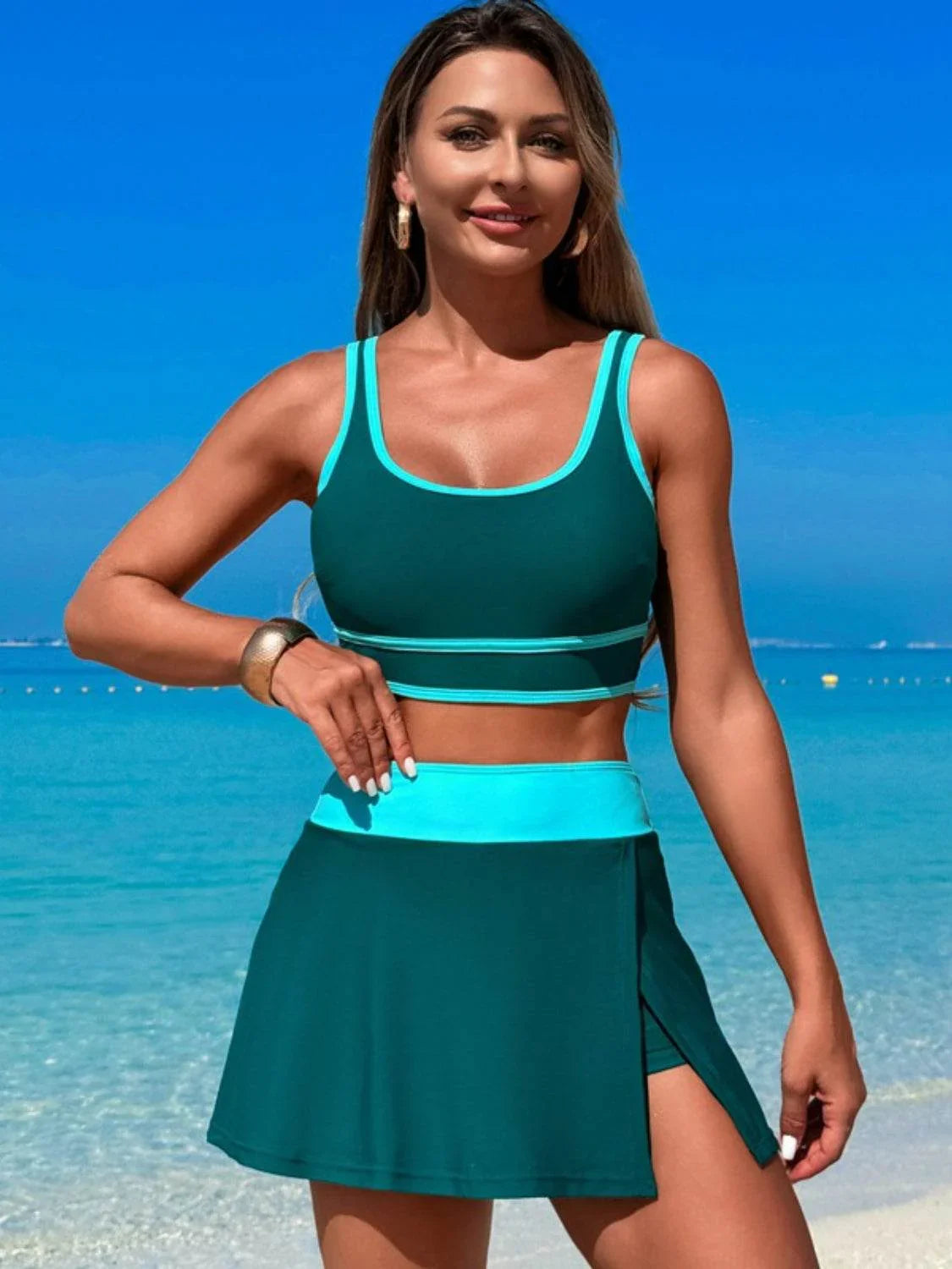 Scoop Neck Top and Skort Swim Set - Bona Fide Fashion