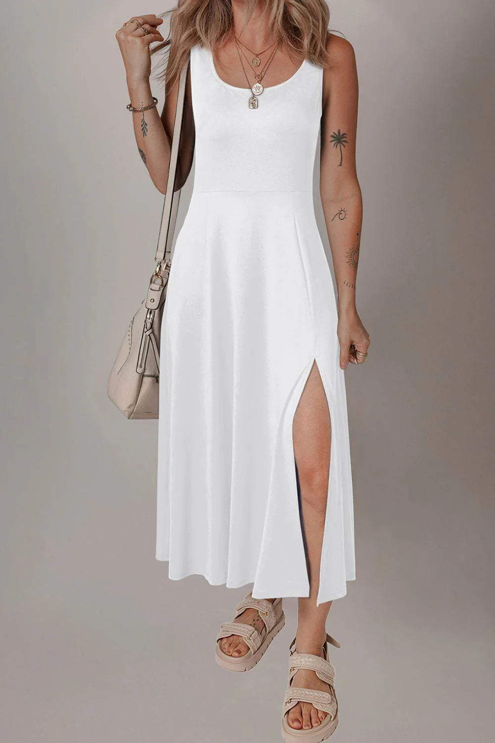 Side Slit Scoop Neck Wide Strap Dress - Bona Fide Fashion