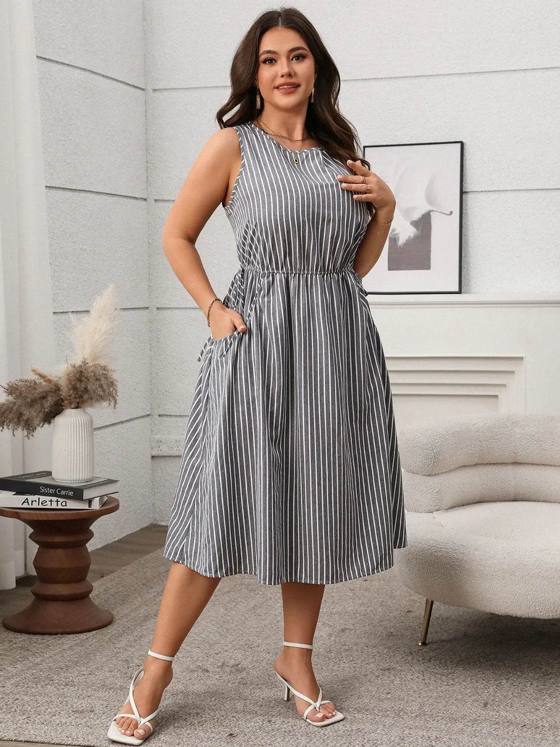 Plus Size Striped Round Neck Sleeveless Dress - Bona Fide Fashion