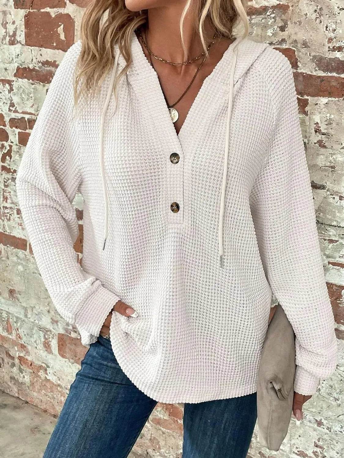 Waffle Knit Long Sleeve Drawstring Hooded Top - Bona Fide Fashion