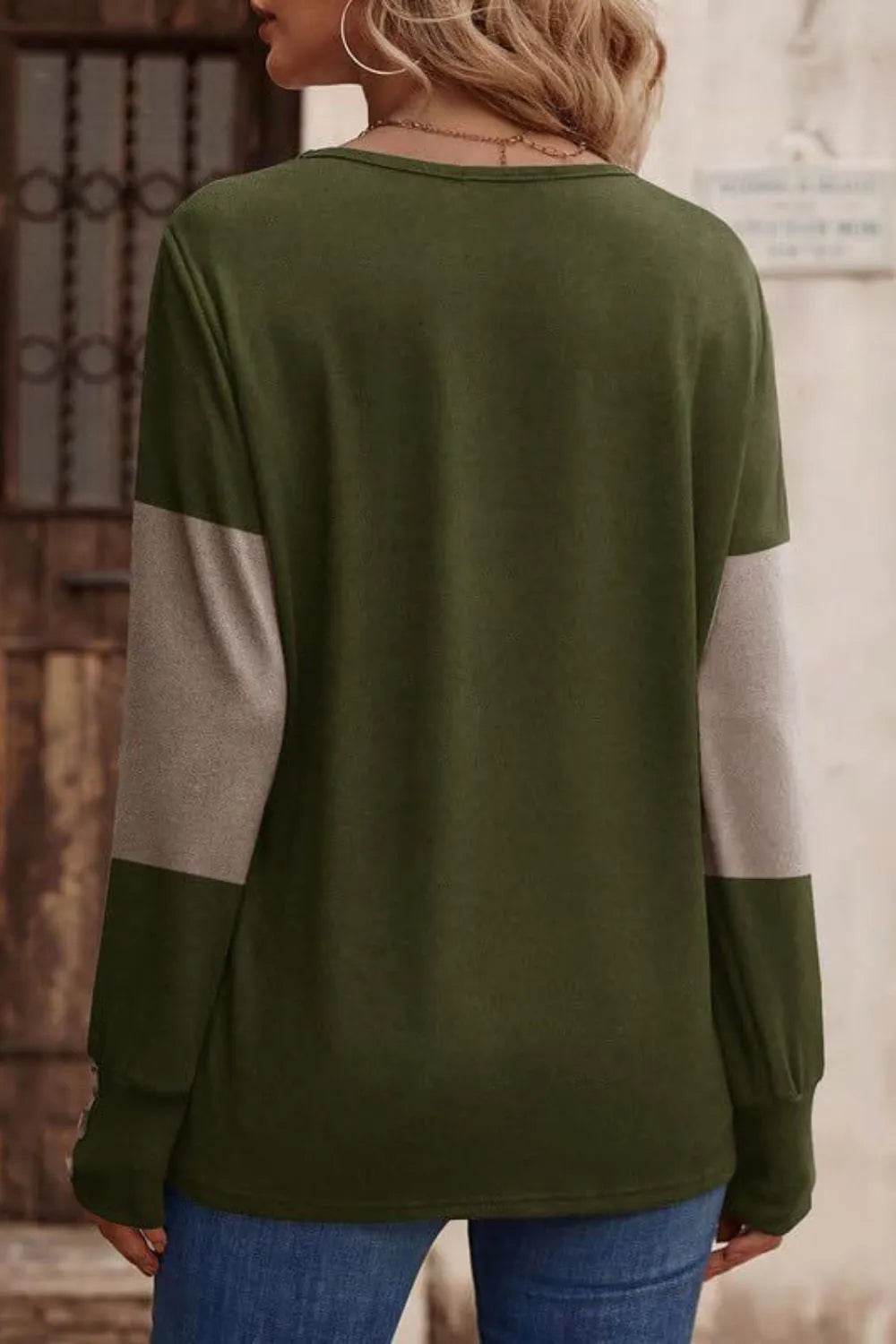 Decorative Button Contrast V-Neck Long Sleeve T-Shirt - Bona Fide Fashion