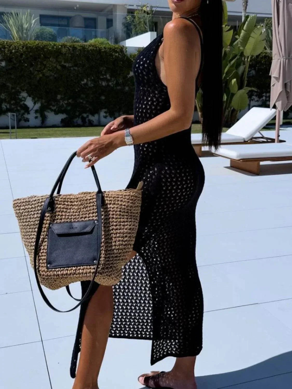 Openwork Slit Scoop Neck Sweater Dress - Bona Fide Fashion